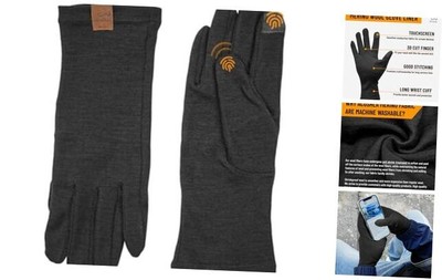  100% Merino Wool Glove Liner - Touchscreen Lightweight Base layer Ski Large