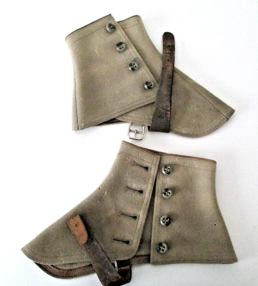 Edwardian Spats Taupe Wool Felt 4 Buttons Leather Straps w/Buckles Vtg AZ59 - Image 4 of 4