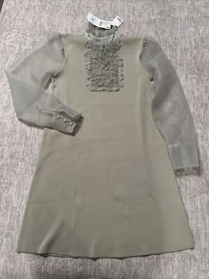 zara mint green dress pale sheer sleeves ruffle high neck sz. sm Slip dress