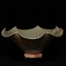 11.5" Antique Song dynasty Porcelain longquan kiln Cyan glaze Flower mouth bowl