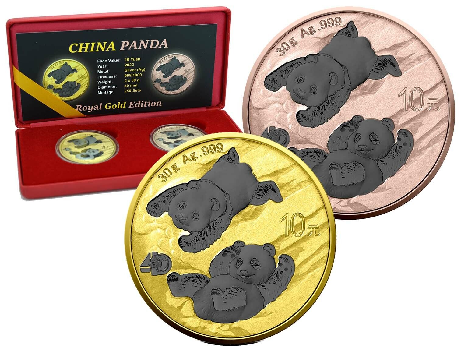 2 x Silver 10 Yuan China Panda 2022 Royal Gold Edition