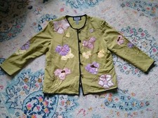 INDIGO MOON Appliqued Floral Art Jacket Embroidered Toggle Buttons Green Sz L