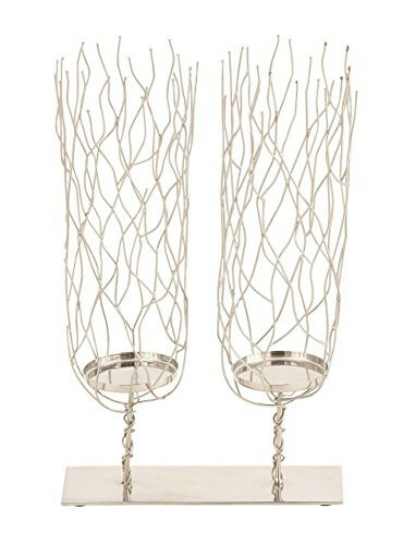 Deco 79 90869 Two-Pedestal Wavy Stainless Steel Candle Holder, 15" x 10", Silver