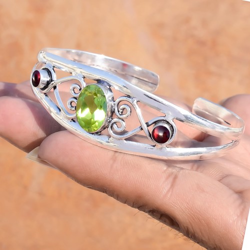 Peridot Cut & Garnet Gemstone Cuff 925 Sterling Silver Beautiful Art Bracelet - Picture 2 of 5