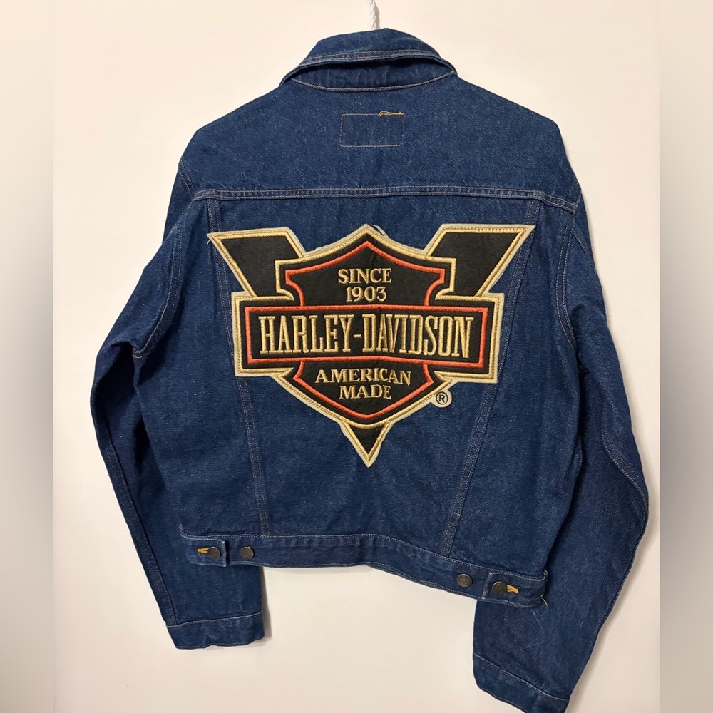 Harley-Davidson Blue Denim Jacket with Black and Gold Back Patch image 2