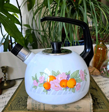 Vintage Stove Top Enamel Kettle with Whistle Fruits Design Vountry Cottage Retro
