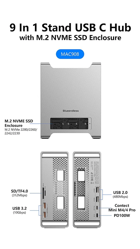 For Mac Mini M4/M4 Pro Stand Type-C Docking Station SSD Case HDMI USB3.2 Gen2 - Image 4 of 4