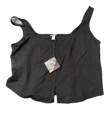 Ava & Viv Women’s 2X Black Linen Blend Tie-Front Blouse Boho Boxy Top