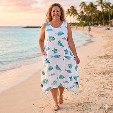Kaktus Womens XXL White Teal Fish Print Rayon Gauze Sharkbite Midi Dress Pockets