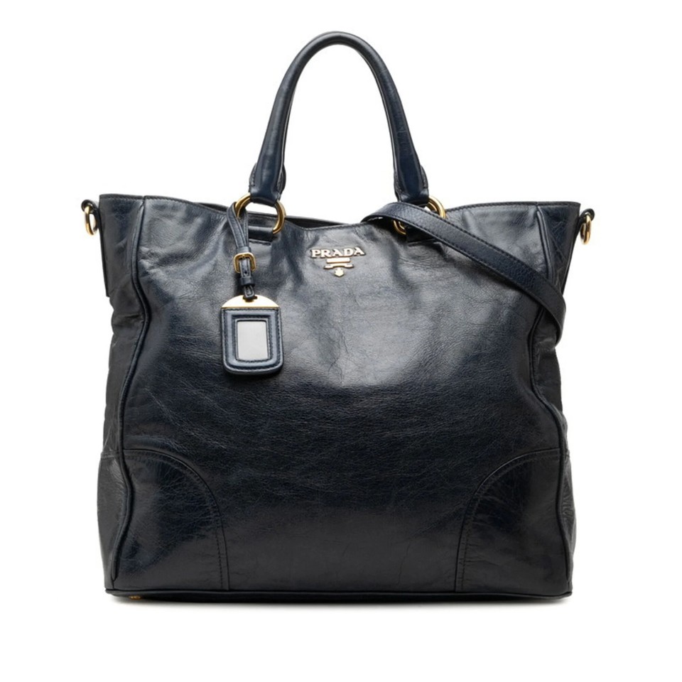 Prada Vitello Shine Handbag 2-Way Shoulder Bag Navy Gold Leather W... GZl1keg5