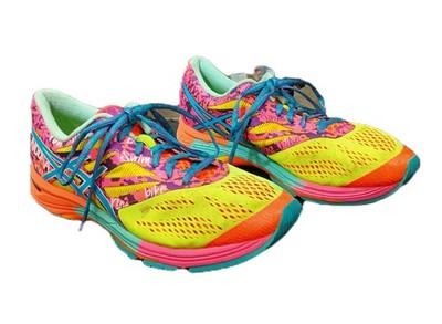 ASICS Sz 9.5 Vibrant Neon Yellow, Pink & Turq Gel-Noosa Tri 10 Running Shoe