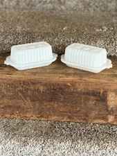 Vintage Hazel Atlas Half Stick Butter Dishes With Lids White Milk Glass Set Of 2