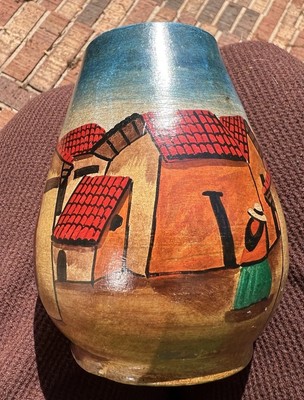 Hand Painted MAPS Peru Pottery Vase Andean Village Scene Folk Art Ceramic S Amer