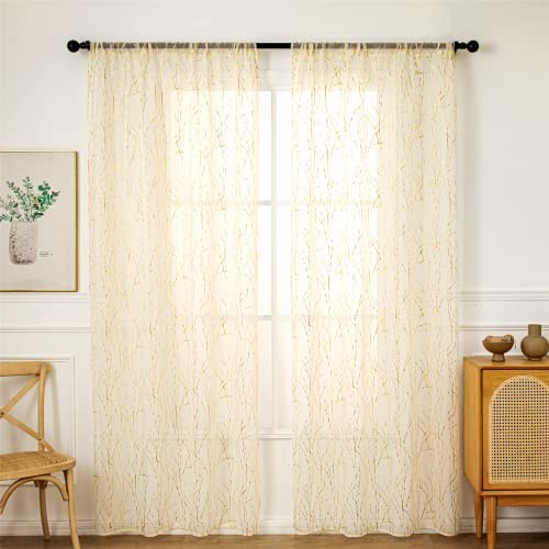 Cream Sheer Curtains 96 inch Length 2 Panels, Tree Branch Gold Foil Print - Picture 7 of 8