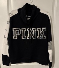 VICTORIA  S SECRET PINK HTF BLACK SILVER BLING COLOR BLOCK FUNNEL NECK PULLOVER M