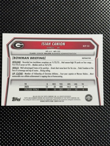 2026 Topps Bowman Chrome Isiah Canion 1st Bowman Refractor 166/499 #BCP-53 - Picture 3 of 3