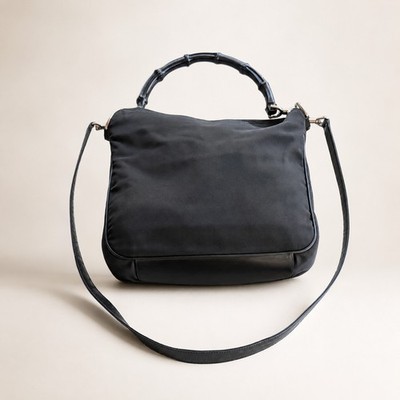 Original Gucci Bamboo black Nylon Edition 2-Way Shoulder Tote Bag Vintage 