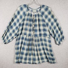 Anthropologie Maeve Plaid Tunic Dress Blue Tan Gauze Button Front Boho Mini M