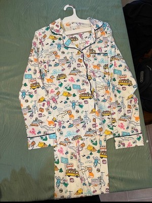 Roller Rabbit Women Pajama Roadtrip Print Cotton ButtoLong Sleeve 2 piece Small