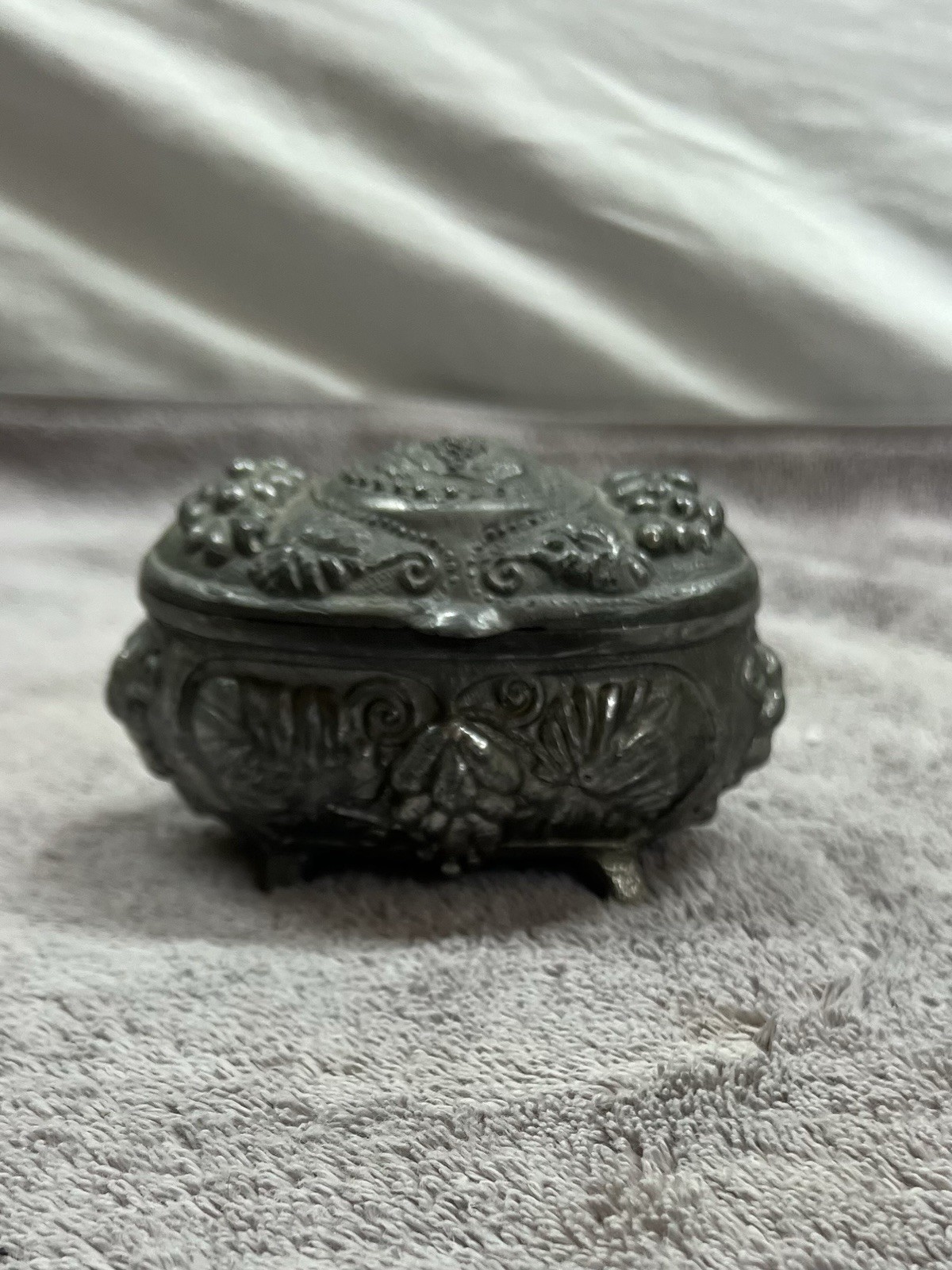 Vintage / Antique Grape Pattern Metal Footed Jewelry Box
