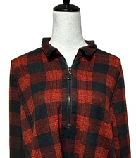 John Mark Top Womens Medium Red Black Buffalo Plaid 1/4 Zip Pullover Soft Tunic