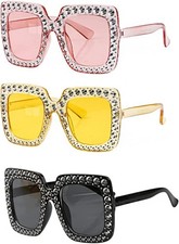 3 Pack Elton John Glasses, Oversized Rectangle Sunglasses, Thick Frame Sparklin