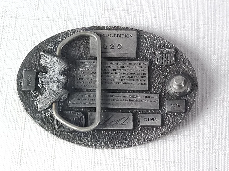 Hebilla de cinturón vintage Sterling Marlin NASCAR Racing edición especial años 90 peltre Foto 3 de 4