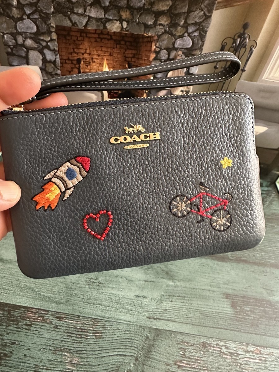 COACH Corner Zip Wristlet Denim with Embellishment CDF32 Gold/Dark