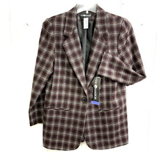 New Sag Harbor Women Blazer Plaid Black maroon burgundy purple sz 10 Wool Blend
