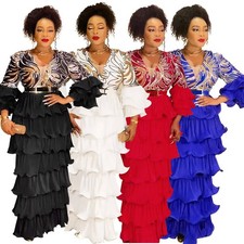Fashion Women Multi layer Sequin Dashiki Maxi Dress Evening Formal Gown Ladies