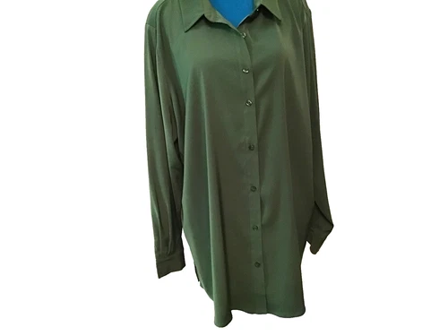 Susan Graver 1X Blouse Green Button Down Long Sleeve Top Plus