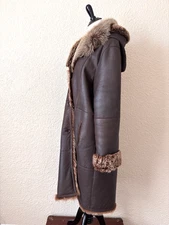 Brown Toscana Shearling Suede Sheepskin Long Coat Size L XL Hooded Free Shiping!