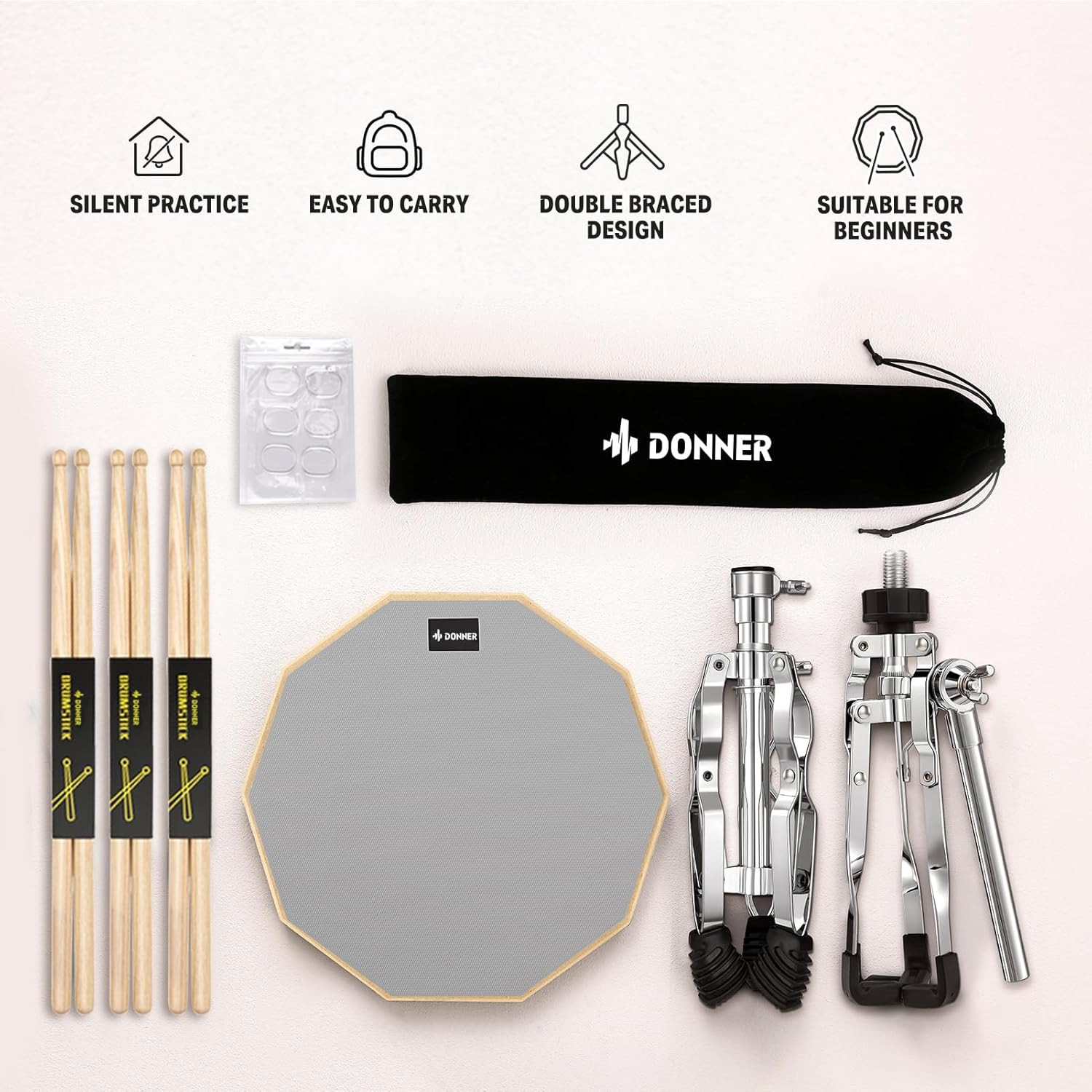 Snare Drum Stand Set with Drum Practice Pad, 12'' Double-Sided Silent Drum Pad S