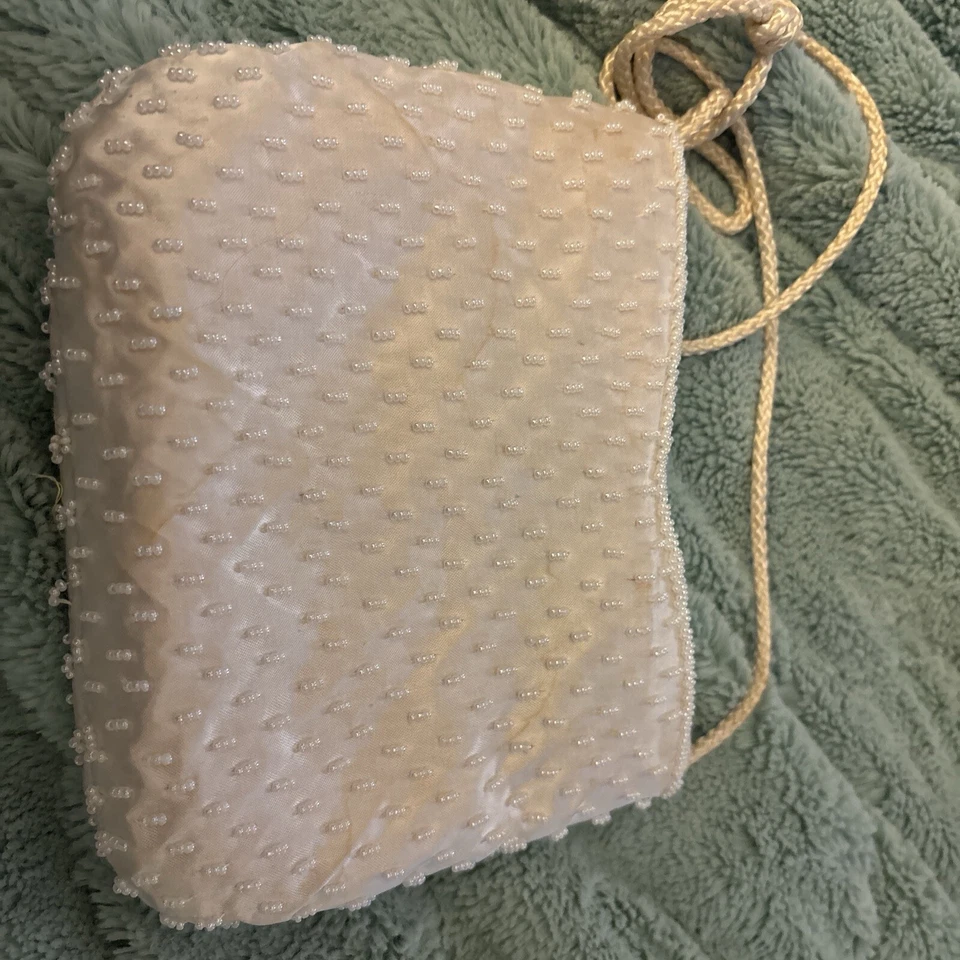 Bolso de Noche MAGID Vintage Perla Blanco/Rosa/Azul Lentejuelas Cuentas Cierre con Cremallera Foto 2 de 4