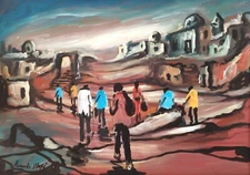 Original Italian Modern Surrealist Oil Painting Landscape with Figures signed