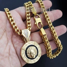 Iced Gold Plated Medusa Charm 24" 30" Stainless Steel Box Franco Chain Necklace
