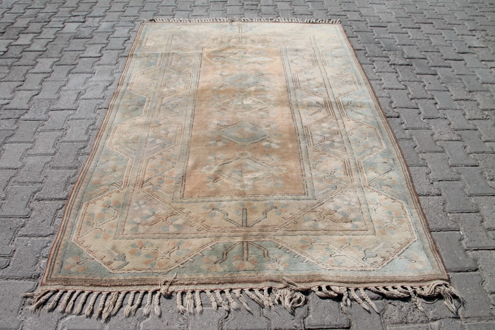 5x7 ft Vintage Turkish Handmade Oushak Wool Rug Blue Beige for Boho Living Room