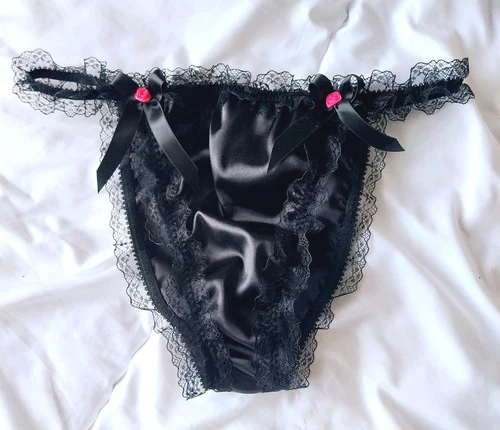 Sexy STRETCH  SATIN BLACK Sissy Panties cd tv  Ladies knickers Frilly Tanga