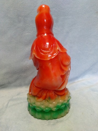 Kwan Yin Asian Woman Goddess Resin Faux Jade Height 11.5" Heavy Orange Green - Picture 4 of 11