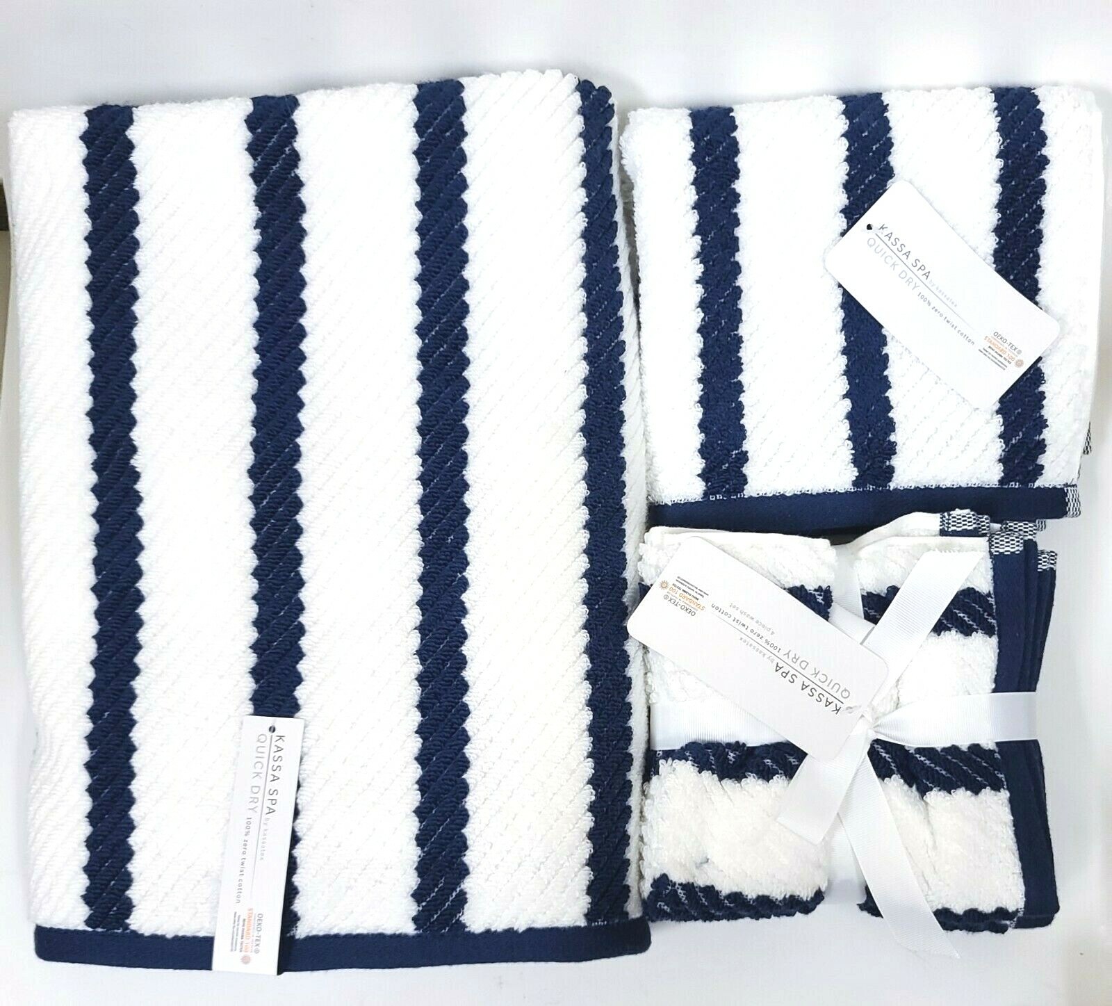 KASSA SPA WHITE,NAVY BLUE QUICK DRY ZERO TWIST COTTON BATH,HAND,WASH