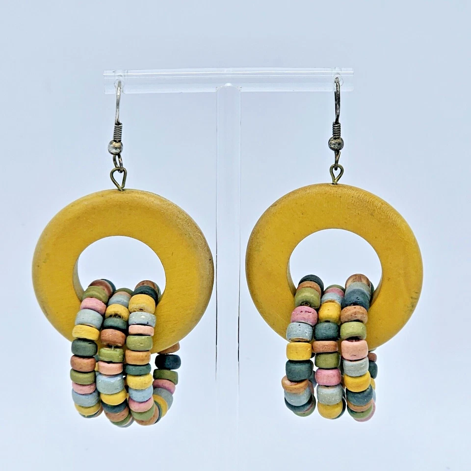 Bohemian Wood Circle Earrings Chunky Round Statement Dangle Mustard Tropical - Image 4 of 4