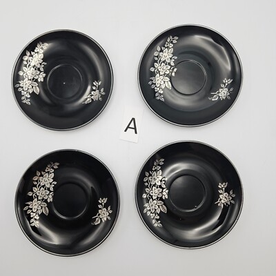 L.E. Smith Black Amethyst Glass Saucers 5.5'' Sterling Silver Floral Overlay Set