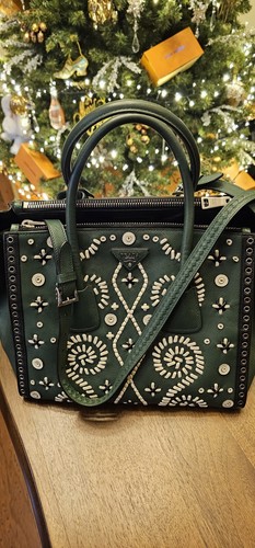 Prada Women handbag Lux Saffiano Leather Floral Embellished With Leather Green - Picture 11 of 13