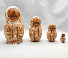 Vtg Russian Burned Wood Hand Painted Matryoshka Nesting Dolls Set of 4 Floral