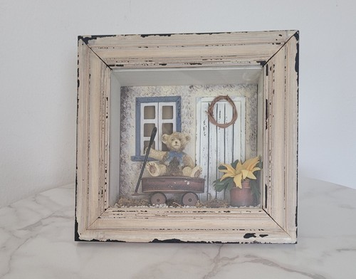 Vintage Schattenbox Wandbild Teddybär im rustikalen Wagen antik weiß Rahmen - Bild 8 von 11