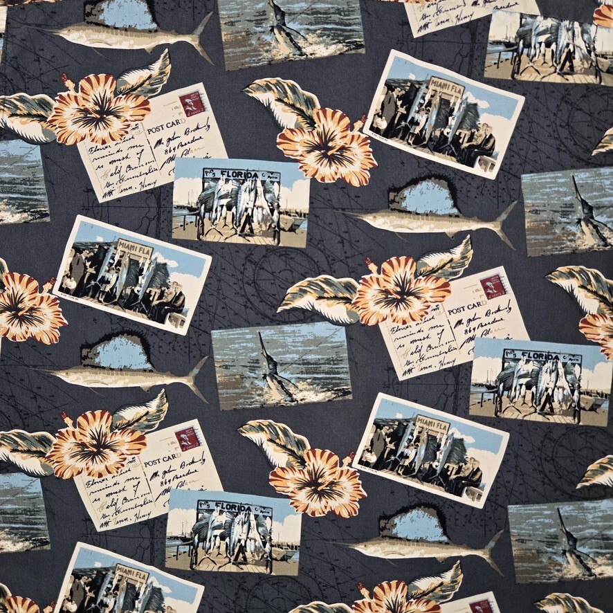 AFTCO Shirt Mens Large Miami Fish Postcards Beach Surf Casual Made in USA Logo