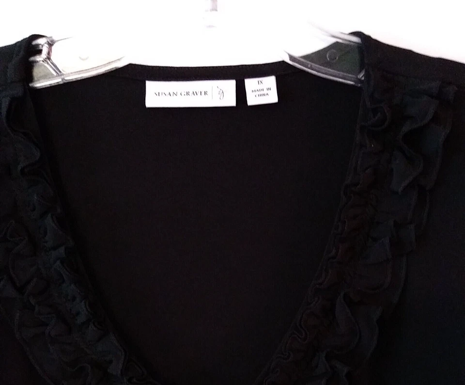 TOP TÚNICA MUJER SUSAN GRAVER NEGRO MANGA LARGA ESCOTE CON VOLANTES TALLA GRANDE 1X Foto 4 de 4