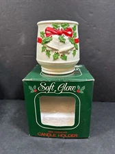 Jasco Porcelain Bisque Christmas Candle Holder with Holly and Bells Soft Glow
