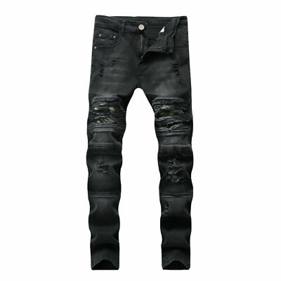 New Men's Slim Jeans Knee Ripped Fold Denim Pants Stretch Skinny Black  Trousers