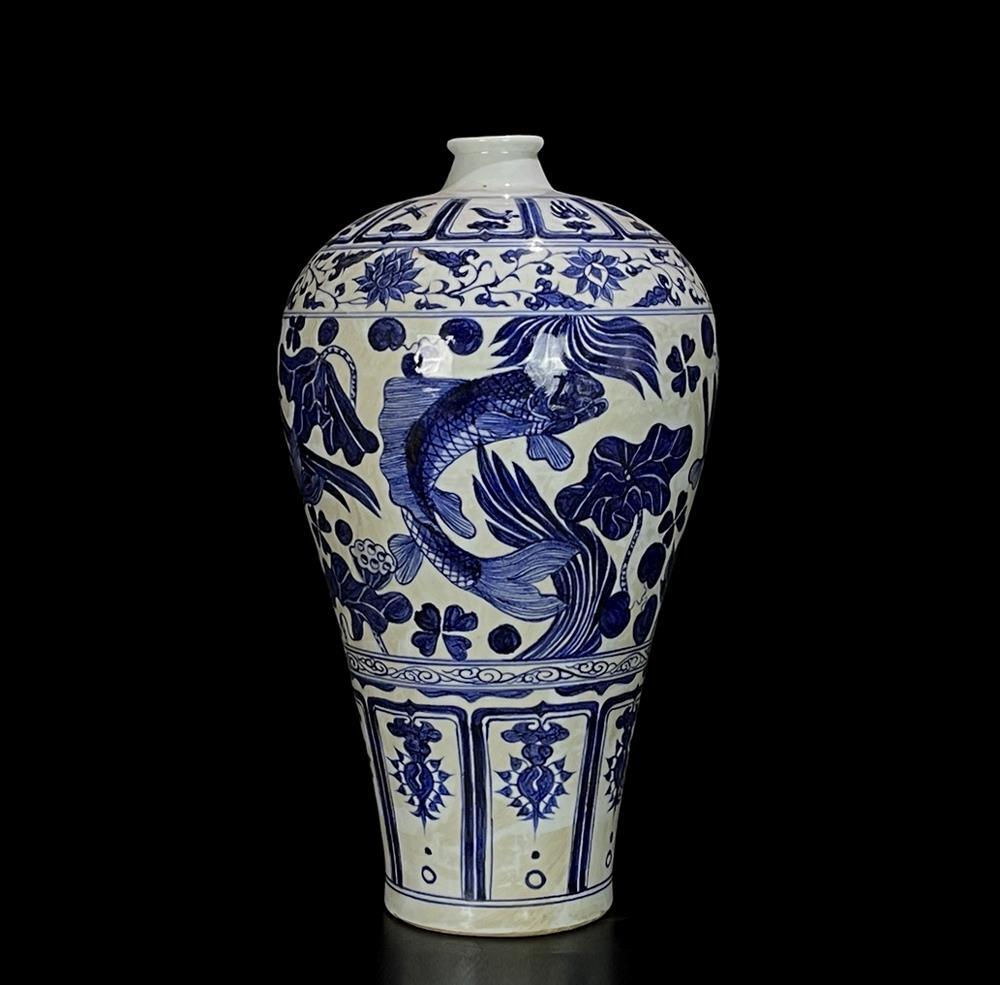45CM Old Chinese Blue and White Vase W/ fish N604 | eBay
